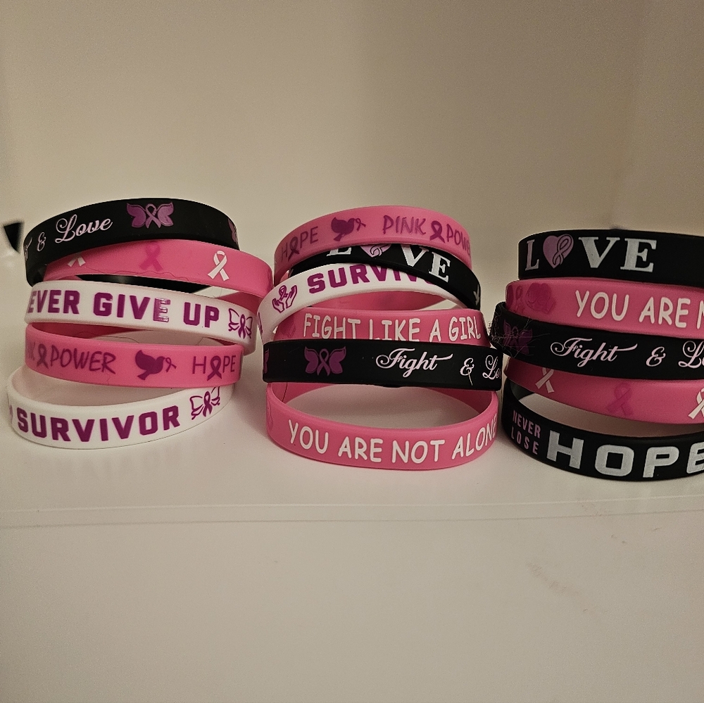 Breast Cancer Pink and Black Inspirational Bracelets Set of 3